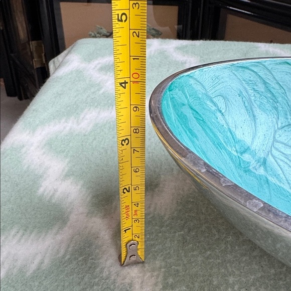 Modern aluminum Teal enamel asymmetrical Oval boat shaped Decorative Bowl - Picture 10 of 11